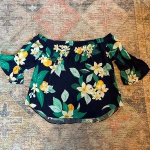 Old Navy Navy Floral Off-Shoulder Top with Yellow & Green Flowers